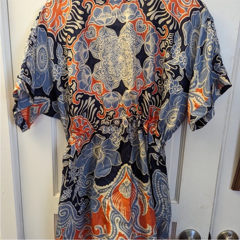 Women’s silk Floral V-Neck Drawstring Tunic Top - Navy & Orange by johnny was - Picture 2 of 3